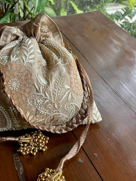 Natural Beige Raw Silk Chikankari Polti Bags