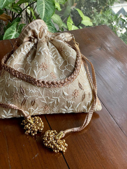 Natural Beige Raw Silk Chikankari Polti Bags