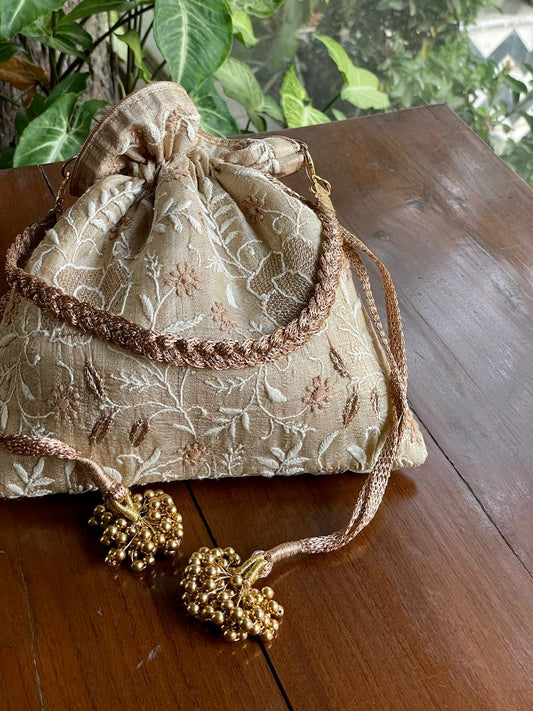 Natural Beige Raw Silk Chikankari Polti Bags