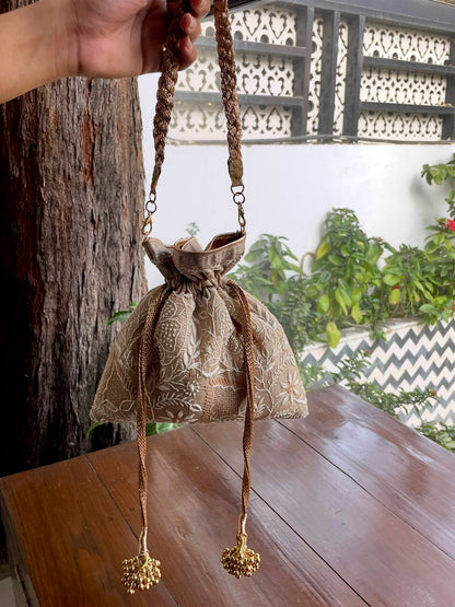 Natural Beige Raw Silk Chikankari Polti Bags