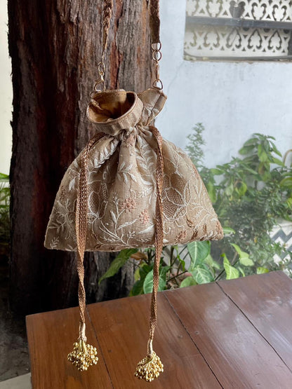 Natural Beige Raw Silk Chikankari Polti Bags