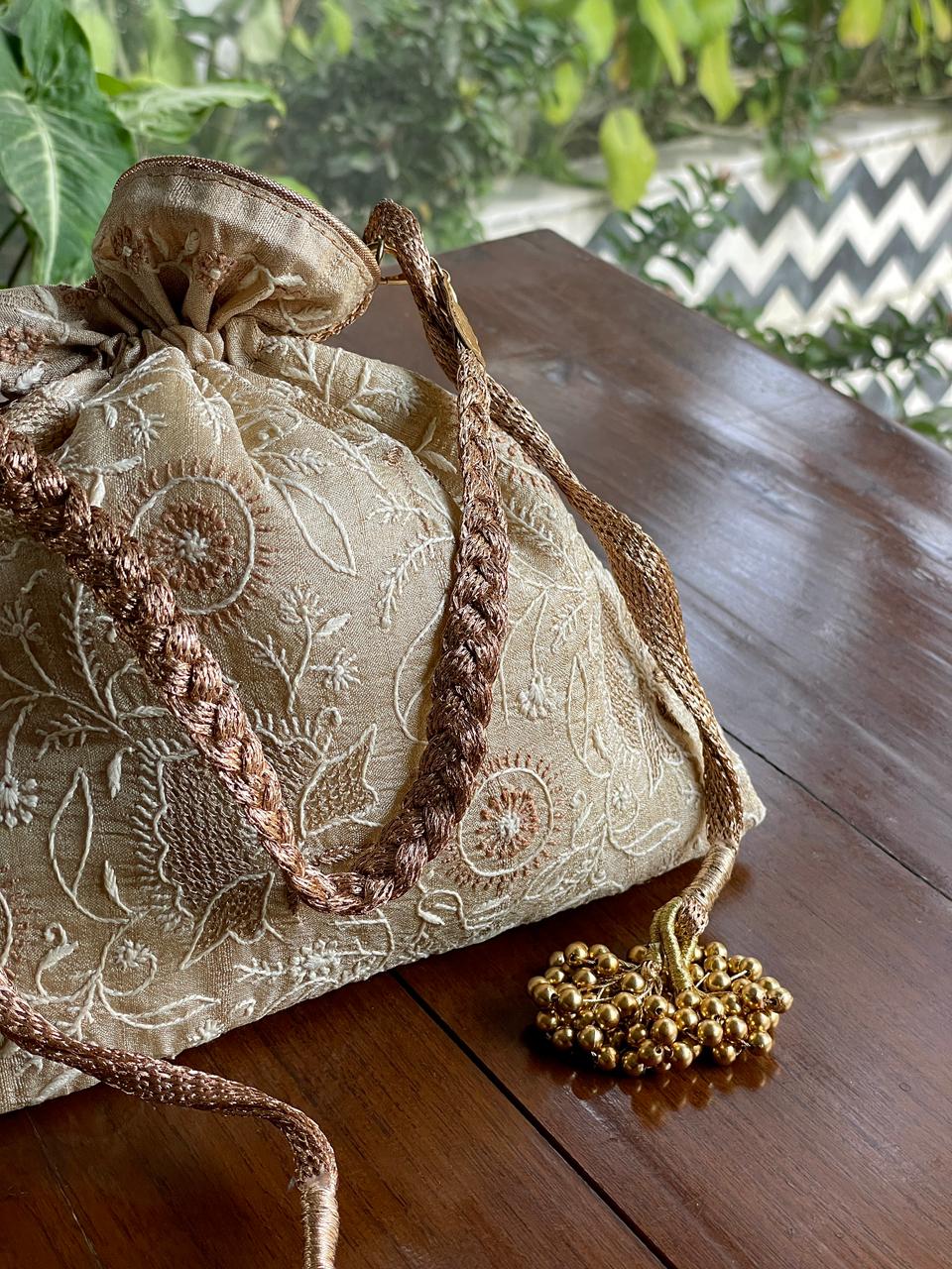 Natural Beige Raw Silk Chikankari Polti Bags