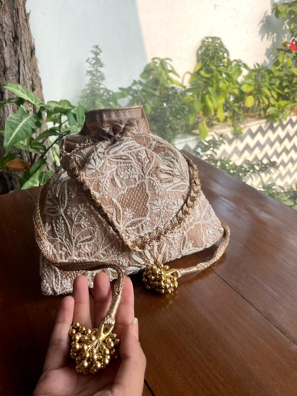 Natural Beige Raw Silk Chikankari Polti Bag