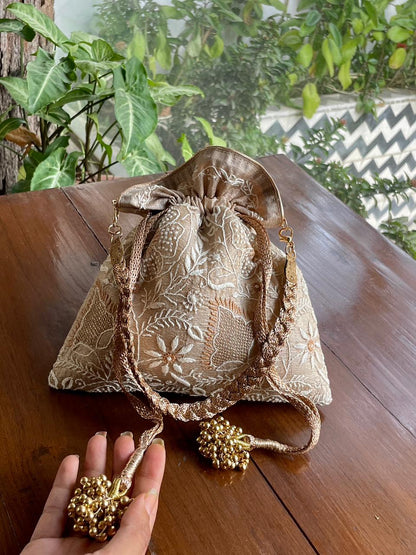 Natural Beige Raw Silk Chikankari Polti Bags