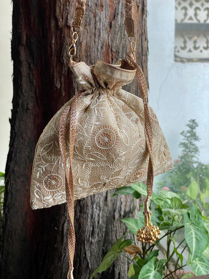 Natural Beige Raw Silk Chikankari Polti Bags