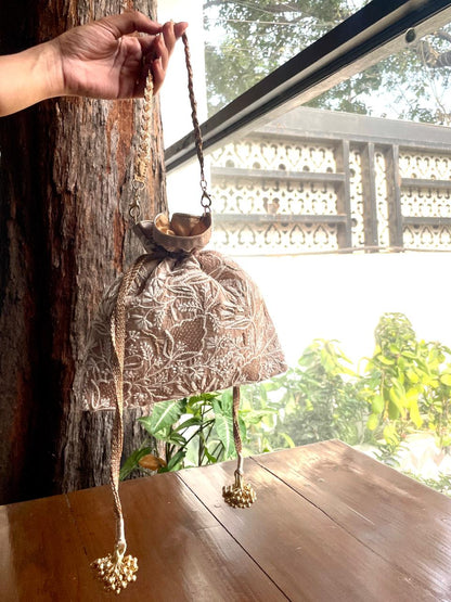 Natural Beige Raw Silk Chikankari Polti Bag