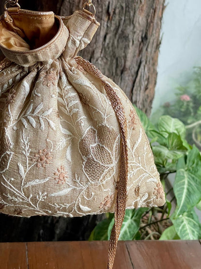 Natural Beige Raw Silk Chikankari Polti Bags