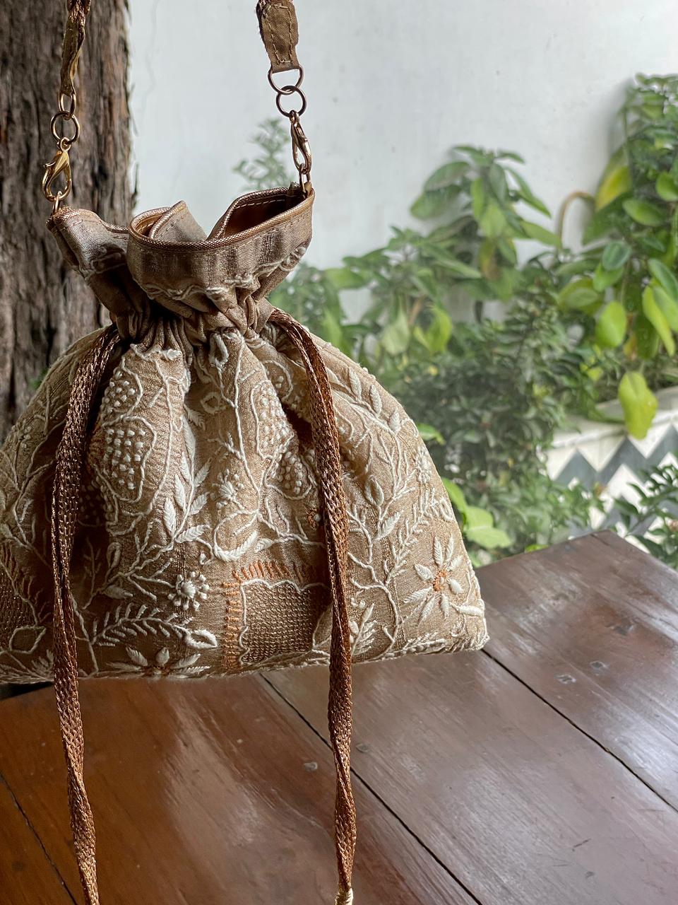 Natural Beige Raw Silk Chikankari Polti Bags