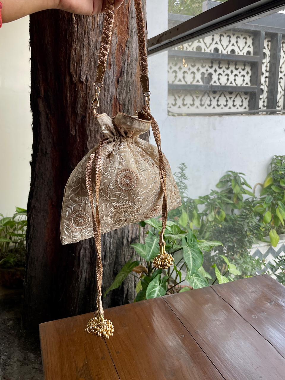 Natural Beige Raw Silk Chikankari Polti Bags