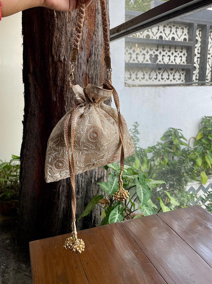 Natural Beige Raw Silk Chikankari Polti Bags
