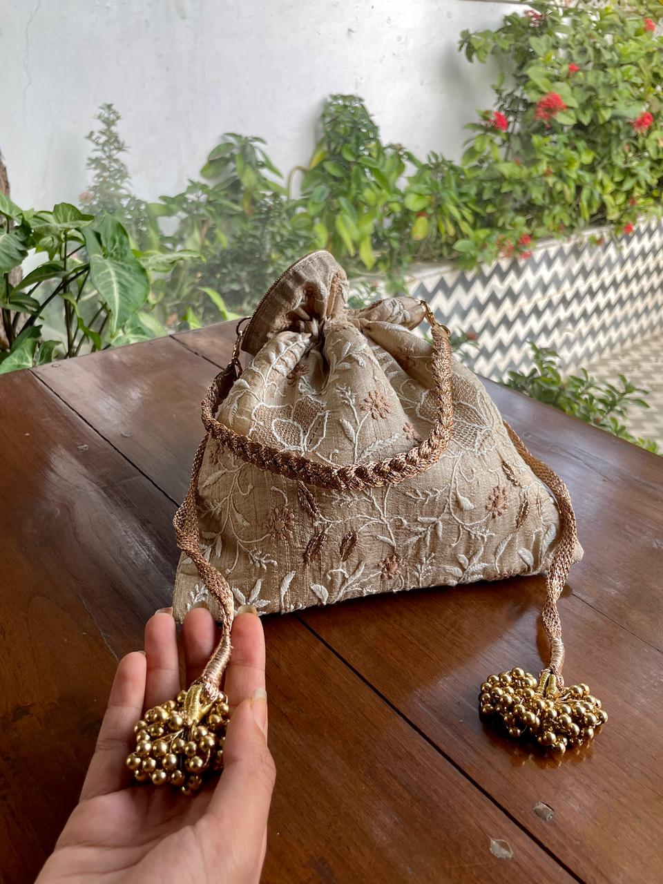 Natural Beige Raw Silk Chikankari Polti Bags