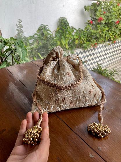 Natural Beige Raw Silk Chikankari Polti Bags