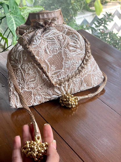 Natural Beige Raw Silk Chikankari Polti Bag