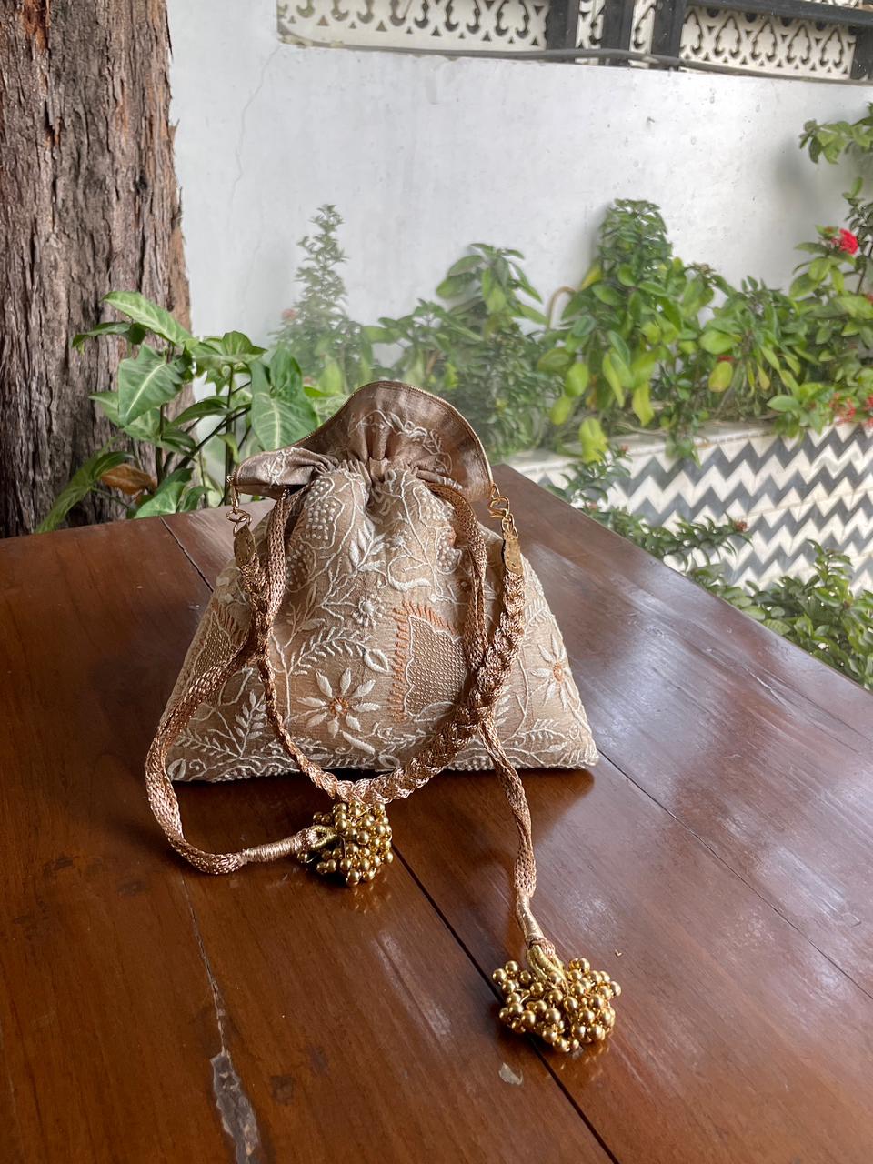 Natural Beige Raw Silk Chikankari Polti Bags