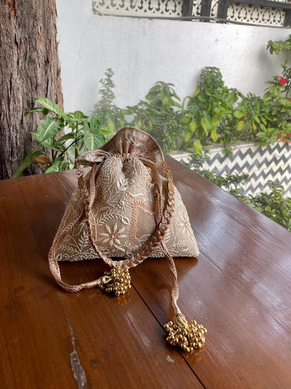 Natural Beige Raw Silk Chikankari Polti Bags