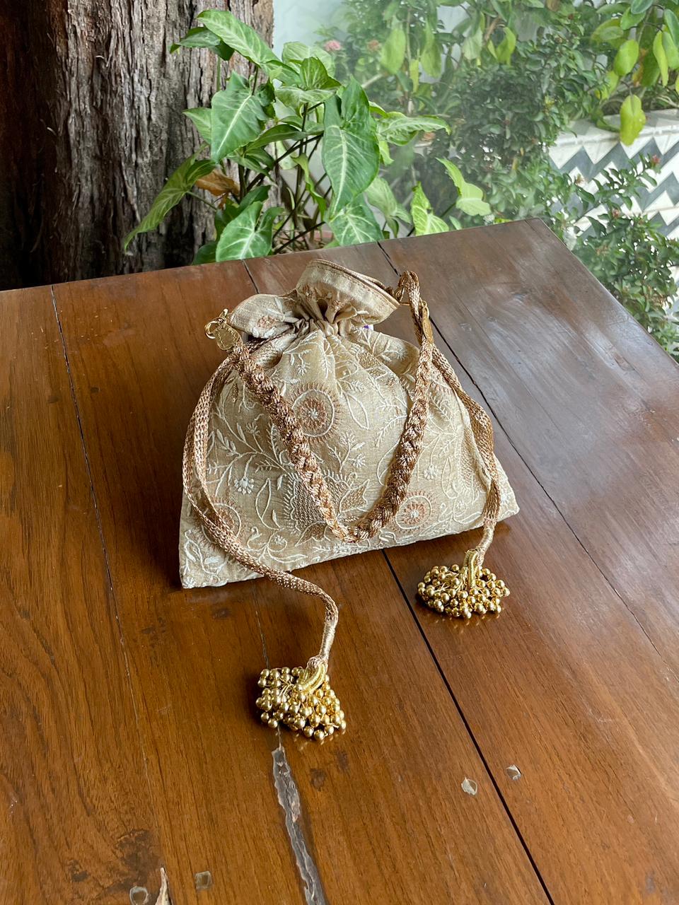 Natural Beige Raw Silk Chikankari Polti Bags