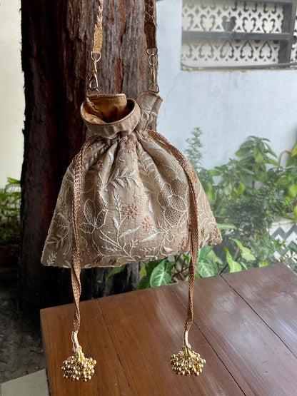 Natural Beige Raw Silk Chikankari Polti Bags