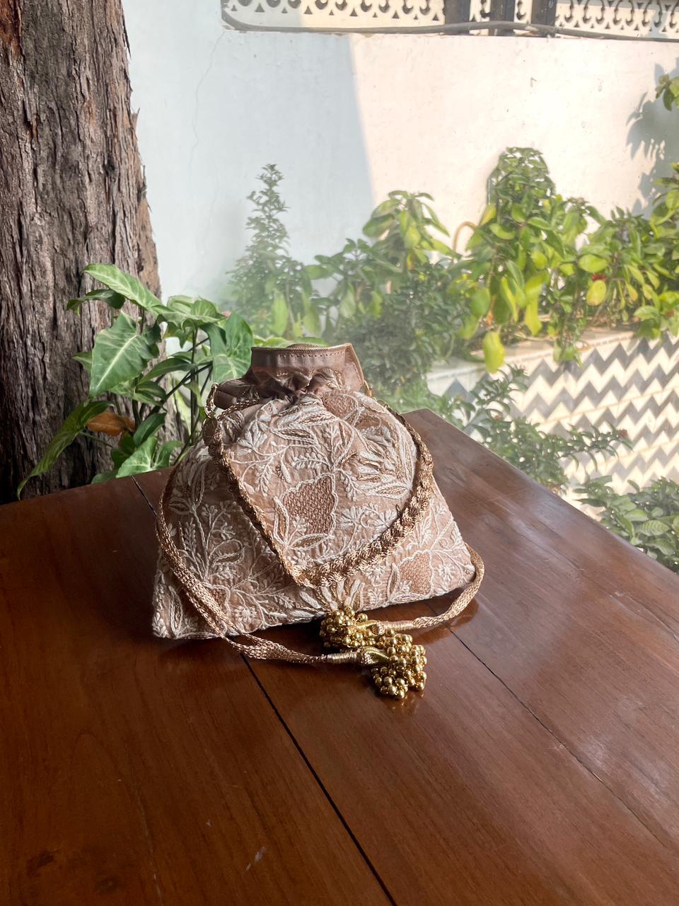 Natural Beige Raw Silk Chikankari Polti Bag