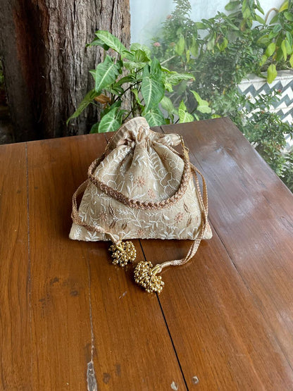 Natural Beige Raw Silk Chikankari Polti Bags