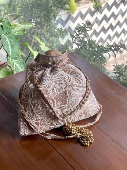 Natural Beige Raw Silk Chikankari Polti Bag