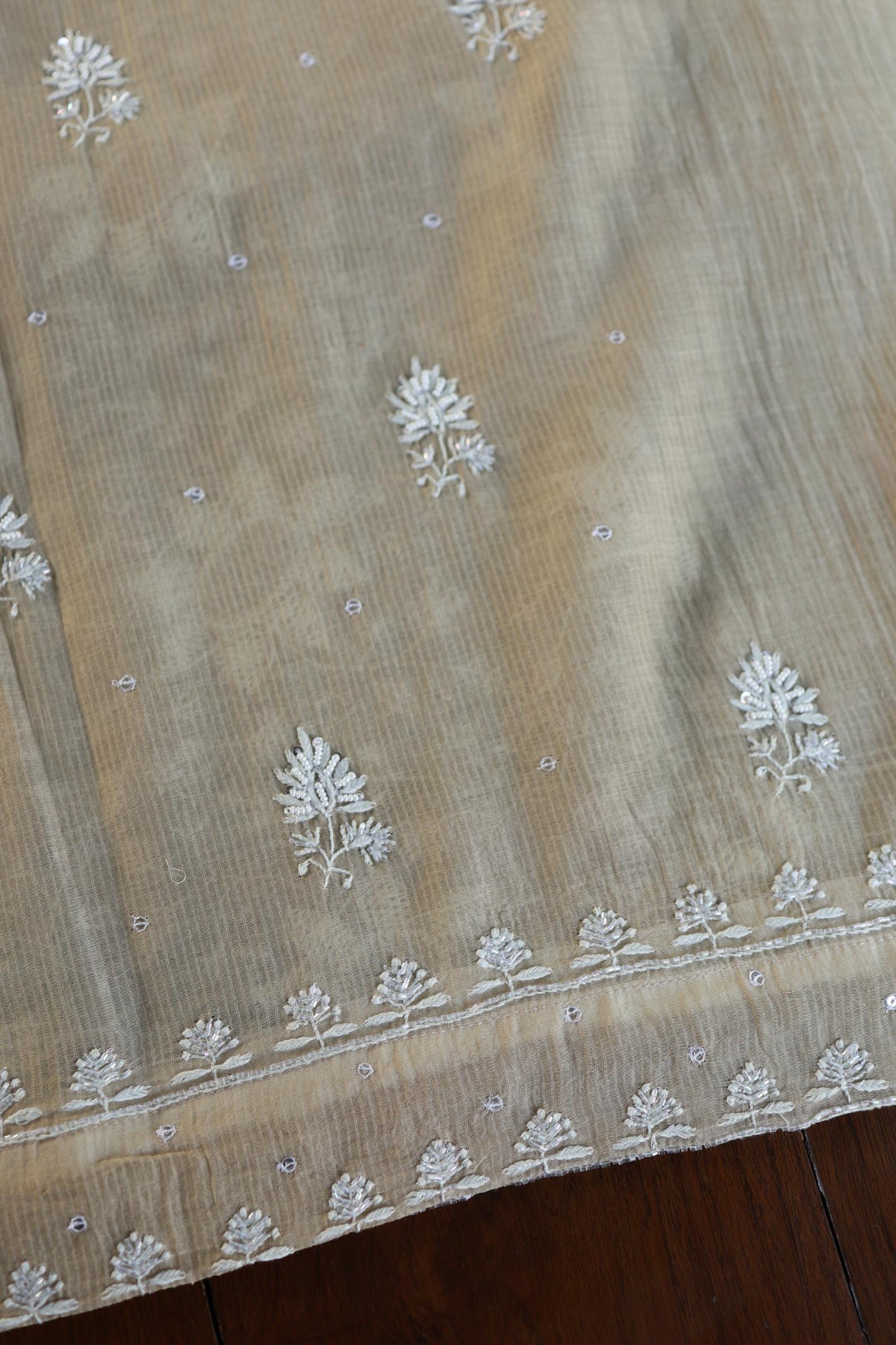 Natural Beige Shade Chanderi Silk Mukaish Badla Unstitched Fabric
