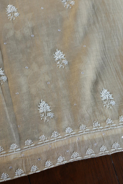Natural Beige Shade Chanderi Silk Mukaish Badla Unstitched Fabric