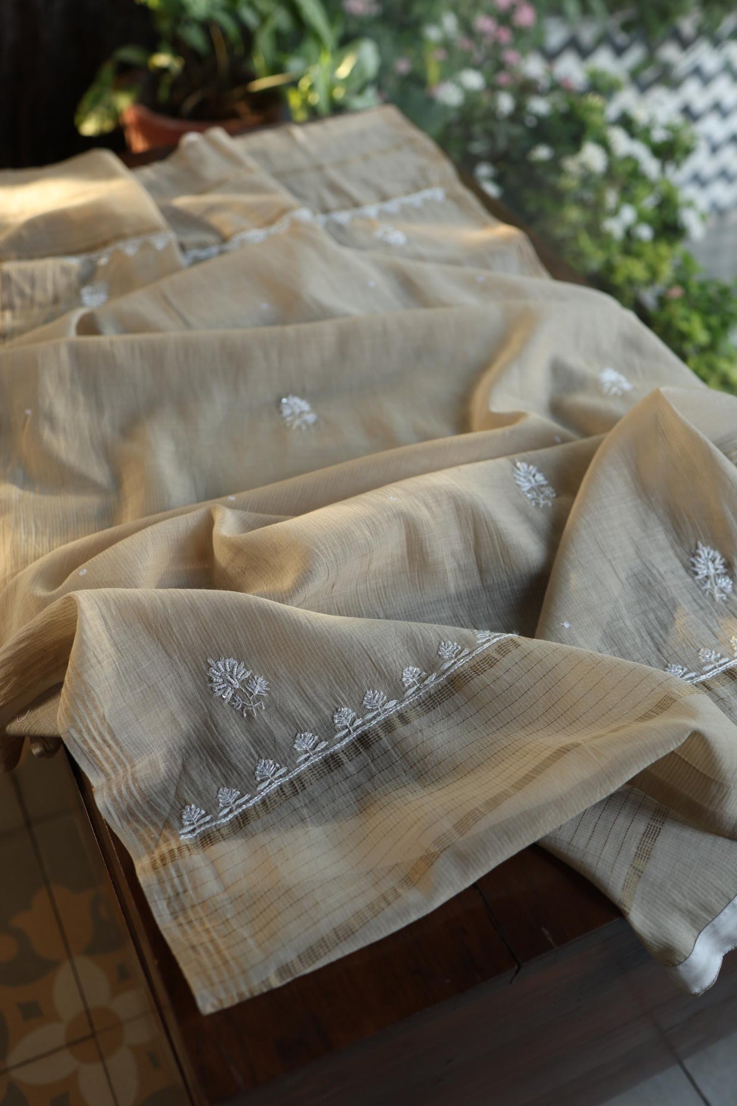 Natural Beige Shade Chanderi Silk Mukaish Badla Unstitched Fabric