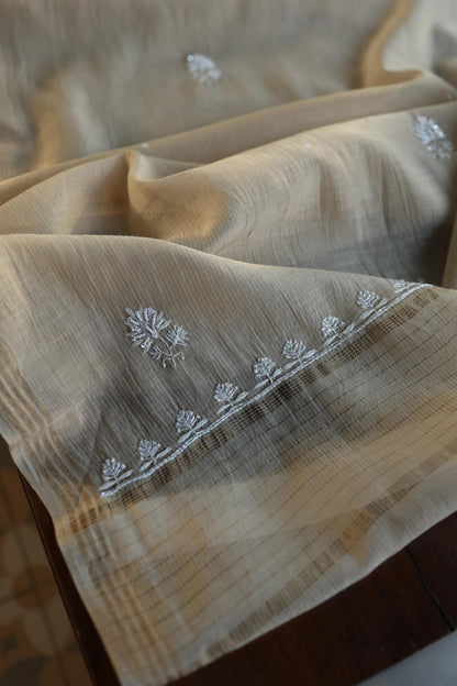 Natural Beige Shade Chanderi Silk Mukaish Badla Unstitched Fabric