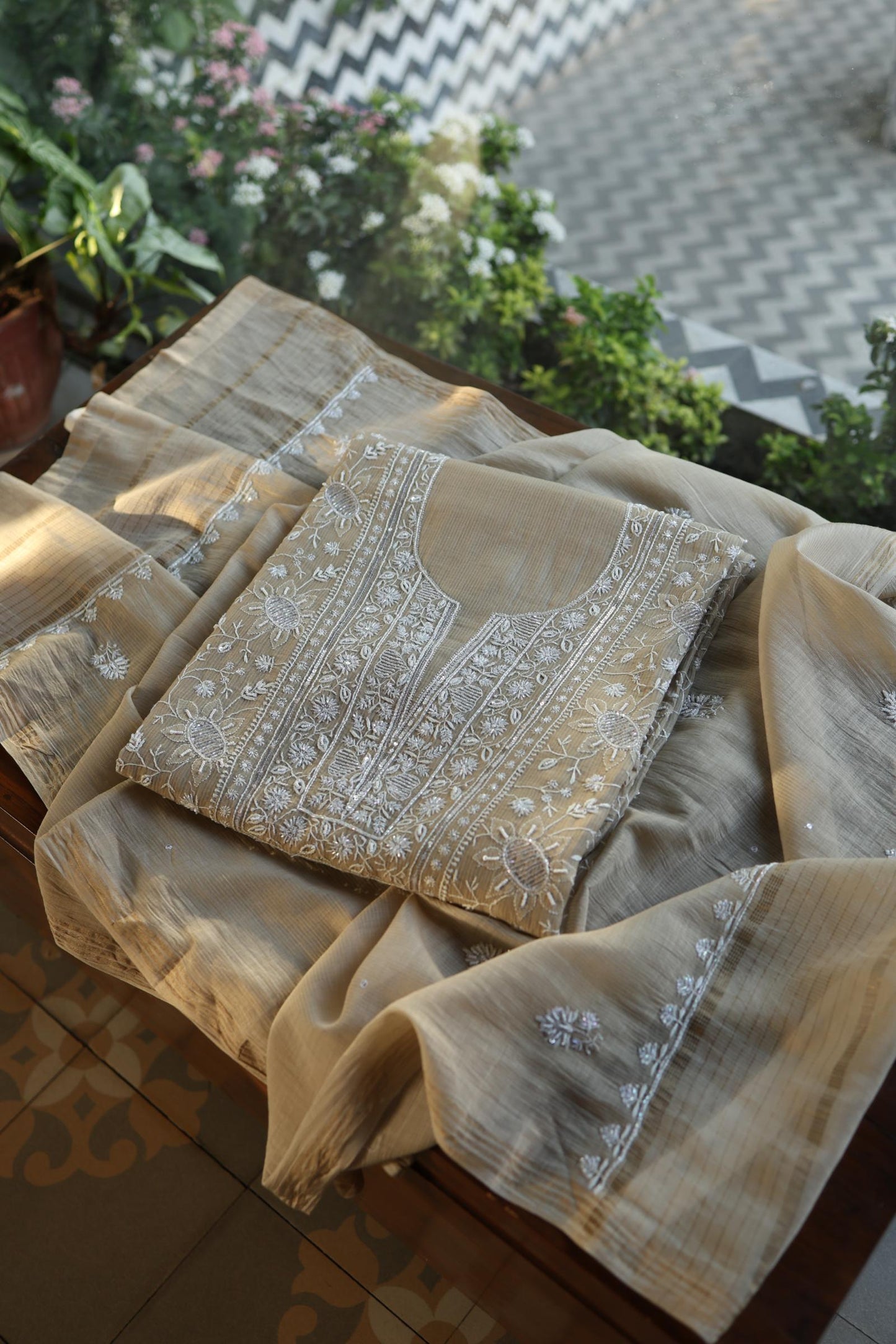 Natural Beige Shade Chanderi Silk Mukaish Badla Unstitched Fabric