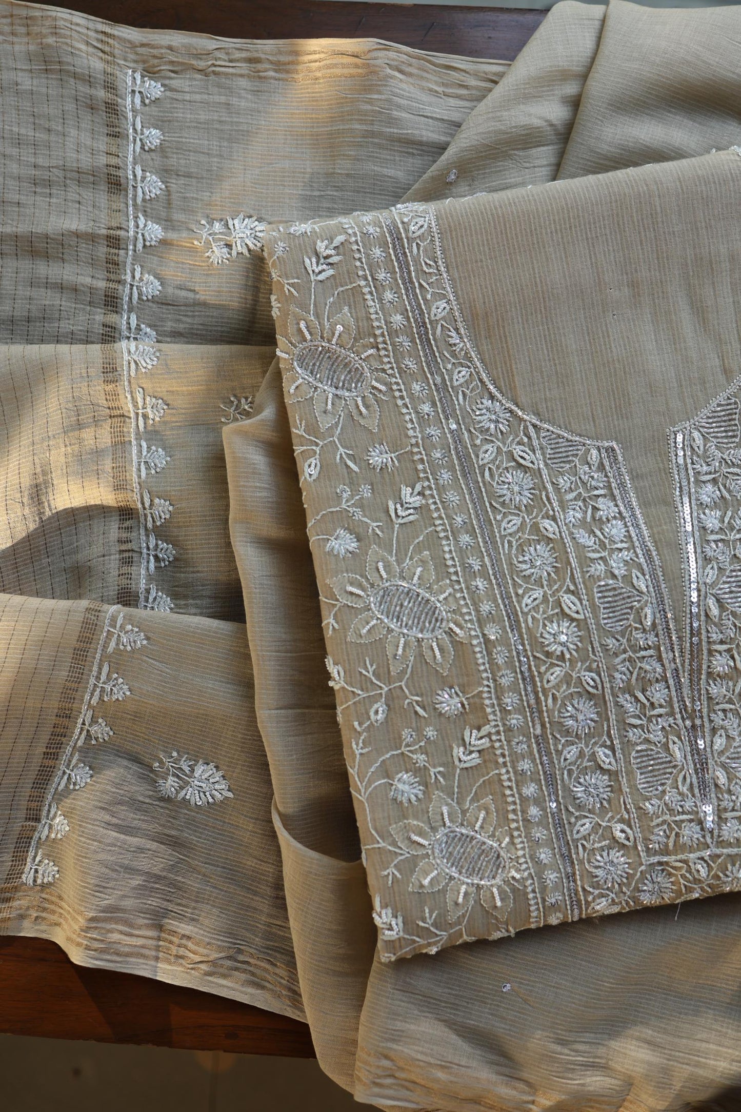 Natural Beige Shade Chanderi Silk Mukaish Badla Unstitched Fabric