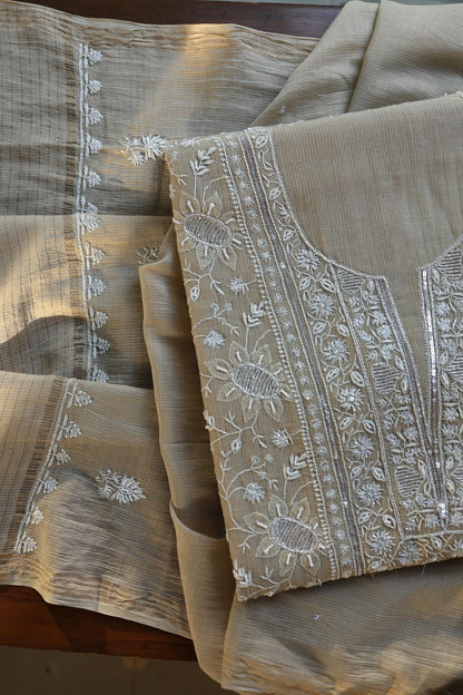 Natural Beige Shade Chanderi Silk Mukaish Badla Unstitched Fabric
