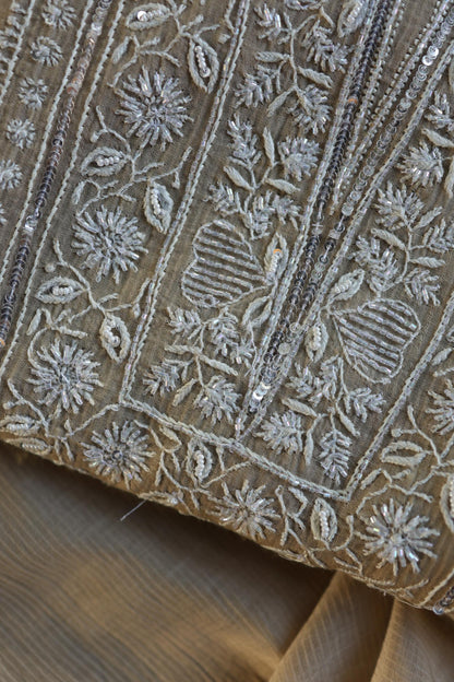 Natural Beige Shade Chanderi Silk Mukaish Badla Unstitched Fabric