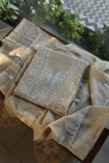 Natural Beige Shade Chanderi Silk Mukaish Badla Unstitched Fabric