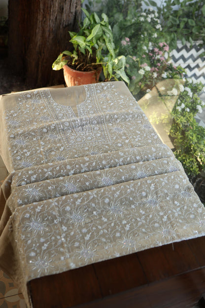 Natural Beige Shade Chanderi Silk Mukaish Badla Unstitched Fabric