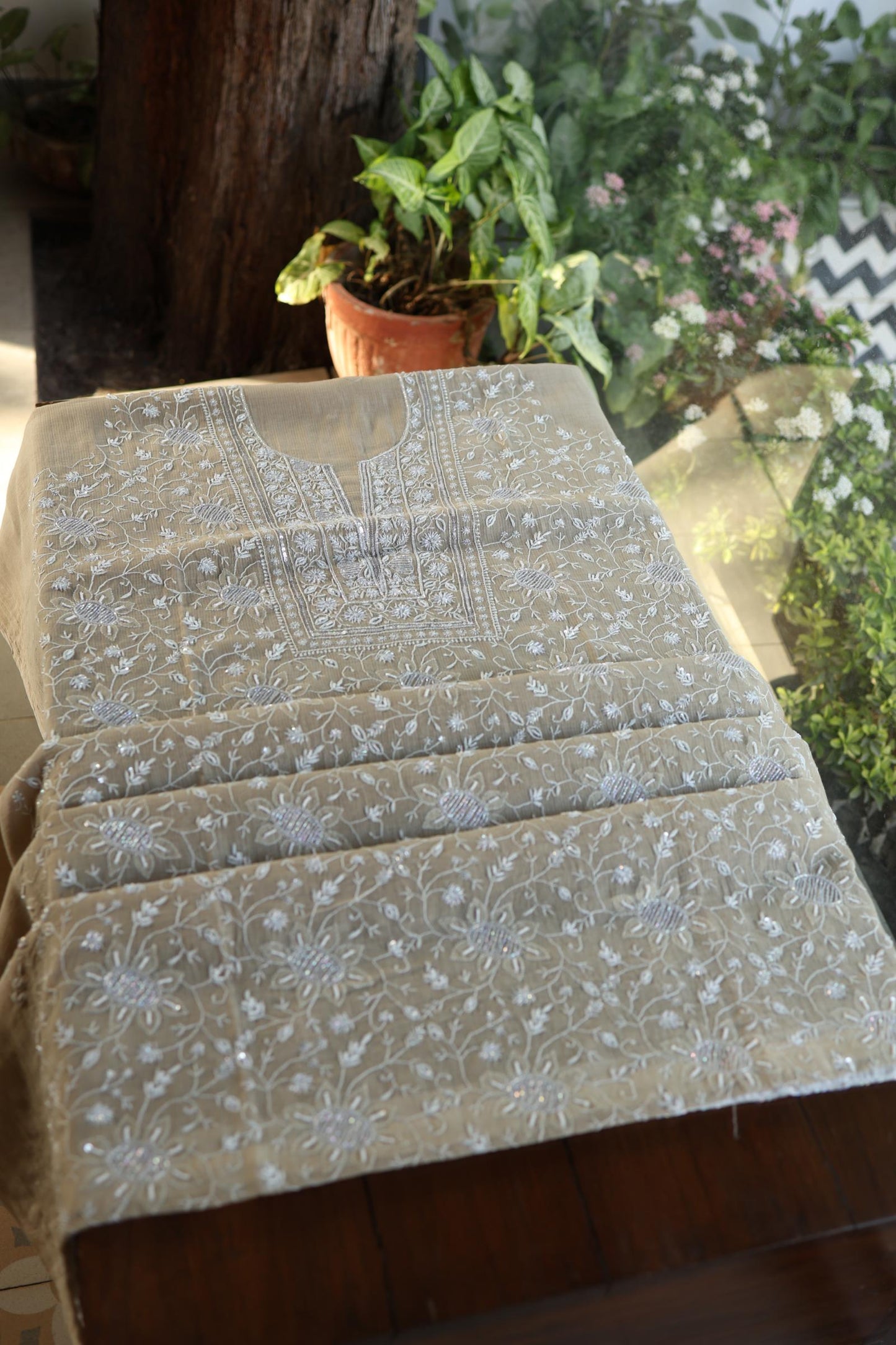 Natural Beige Shade Chanderi Silk Mukaish Badla Unstitched Fabric