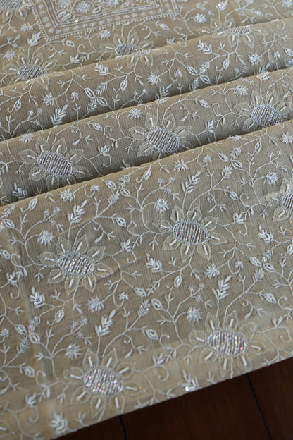 Natural Beige Shade Chanderi Silk Mukaish Badla Unstitched Fabric