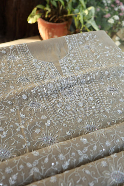 Natural Beige Shade Chanderi Silk Mukaish Badla Unstitched Fabric