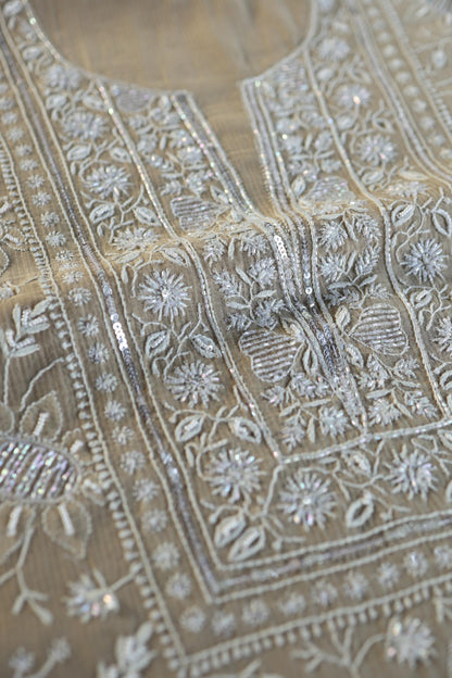 Natural Beige Shade Chanderi Silk Mukaish Badla Unstitched Fabric