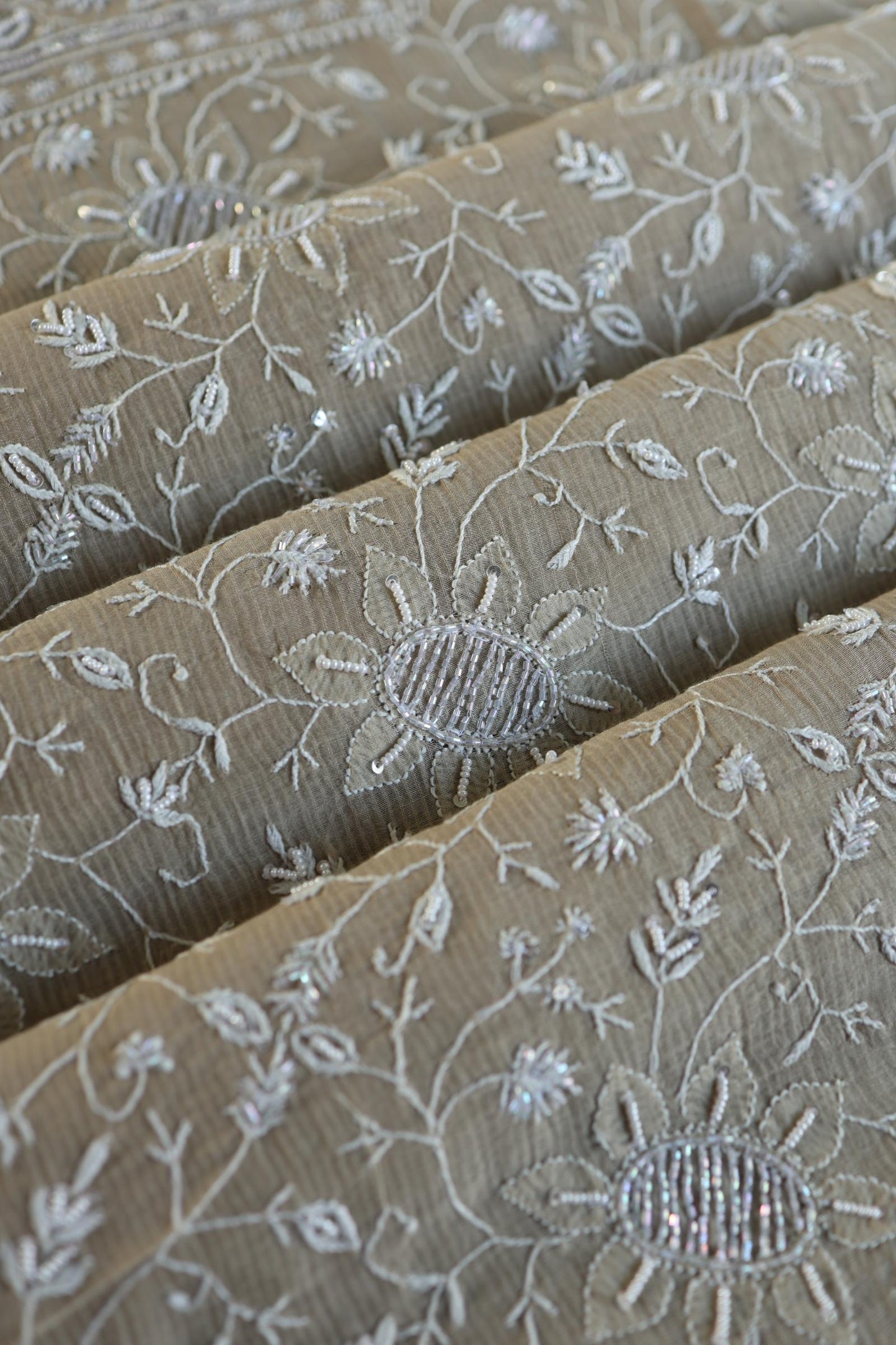 Natural Beige Shade Chanderi Silk Mukaish Badla Unstitched Fabric