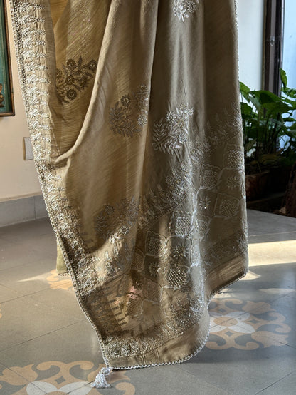 Natural Shade Fine Chikankari Ari Tissue Silk Dupatta