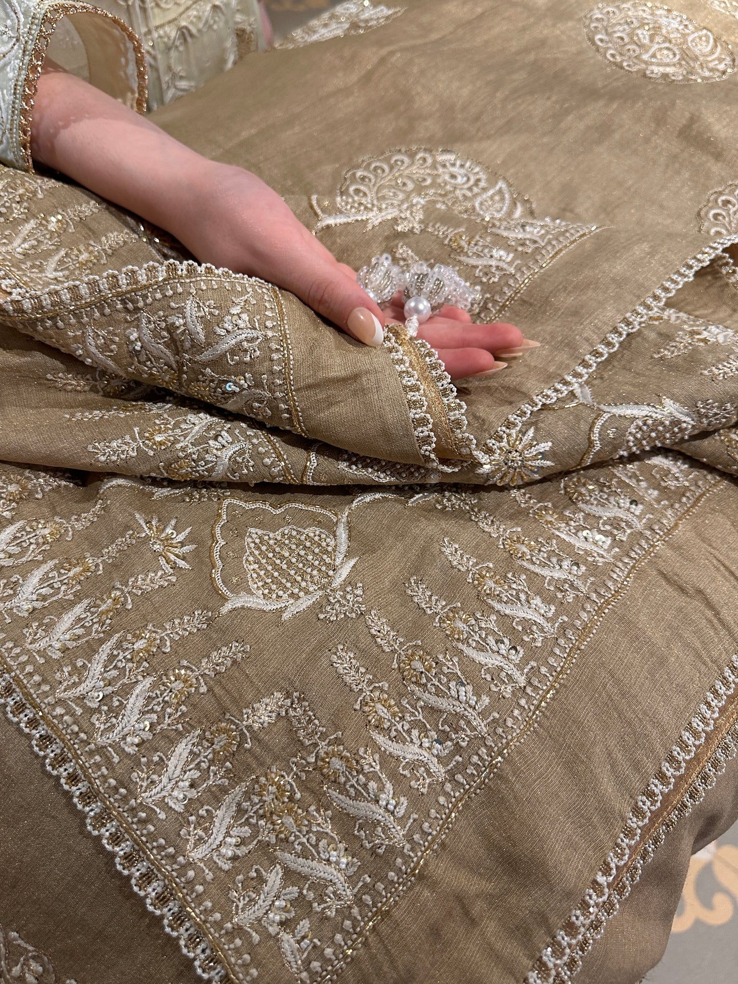 Natural Shade Fine Chikankari Ari Tissue Silk Dupatta