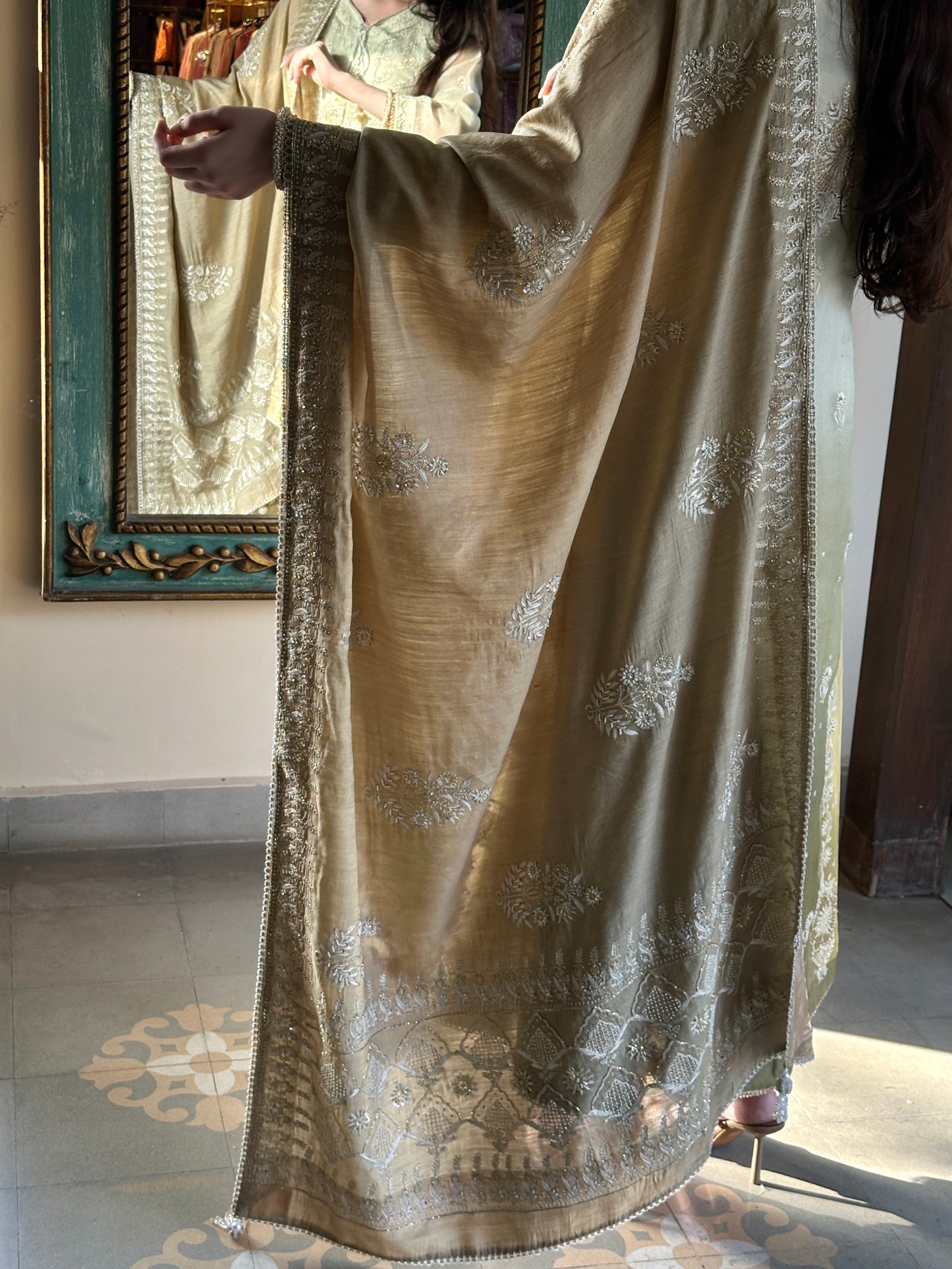 Natural Shade Fine Chikankari Ari Tissue Silk Dupatta