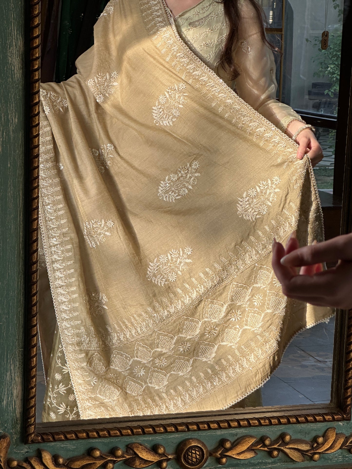 Natural Shade Fine Chikankari Ari Tissue Silk Dupatta