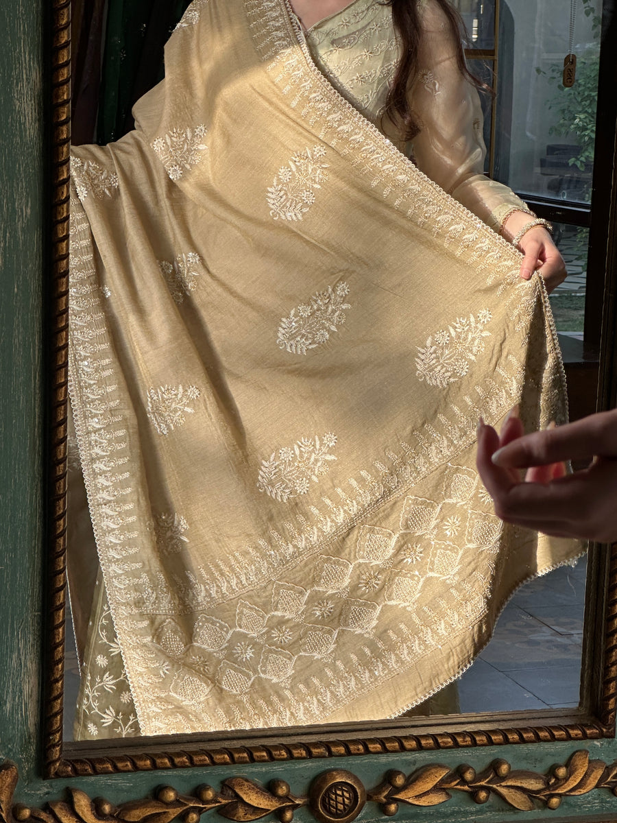 Natural Shade Fine Chikankari Ari Tissue Silk Dupatta