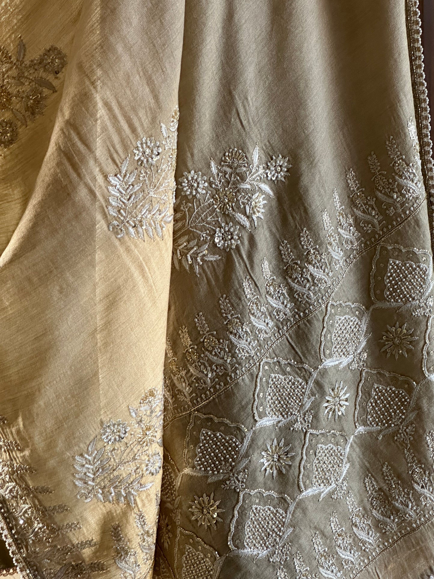 Natural Shade Fine Chikankari Ari Tissue Silk Dupatta