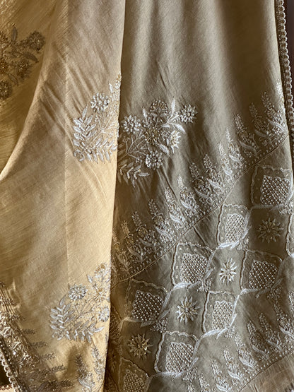 Natural Shade Fine Chikankari Ari Tissue Silk Dupatta