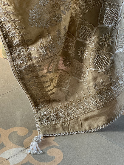 Natural Shade Fine Chikankari Ari Tissue Silk Dupatta