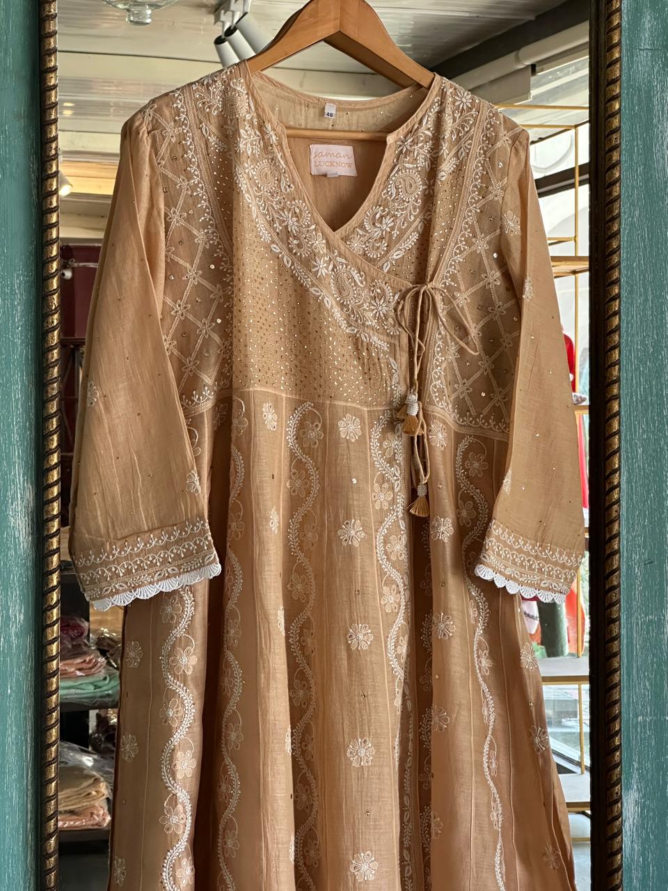 Natural Beige Shade Malmal Mukaish Kamdani Chikankari Kalidar Angarkha
