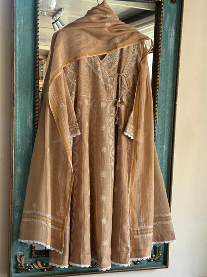 Natural Beige Shade Malmal Mukaish Kamdani Chikankari Kalidar Angarkha