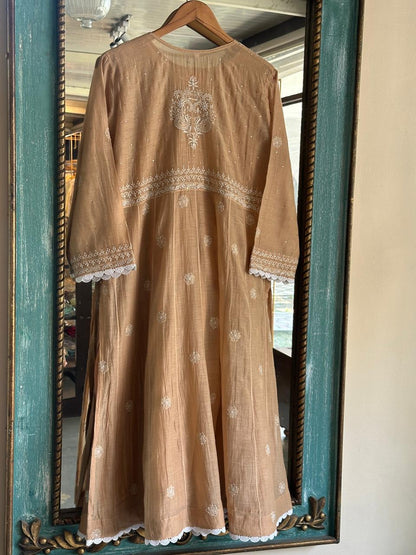 Natural Beige Shade Malmal Mukaish Kamdani Chikankari Kalidar Angarkha